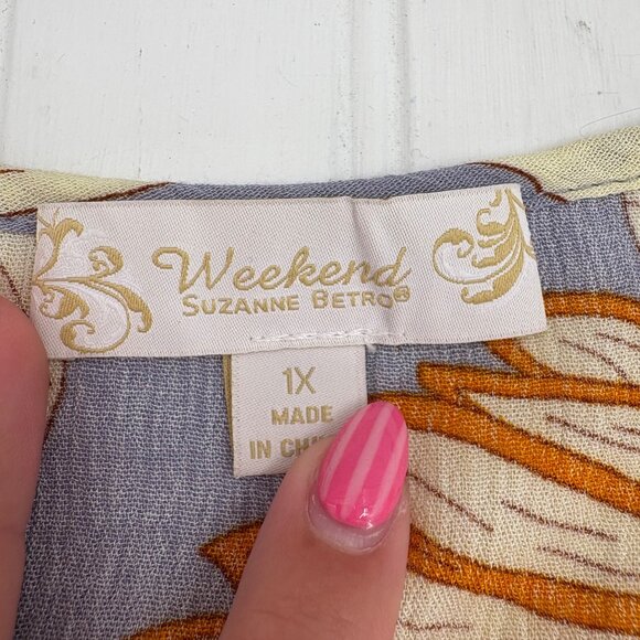 Weekend Suzanne Betros Womens 1X V-Neck Top Short Sleeve Leaf Pattern Rayon - Picture 2 of 5